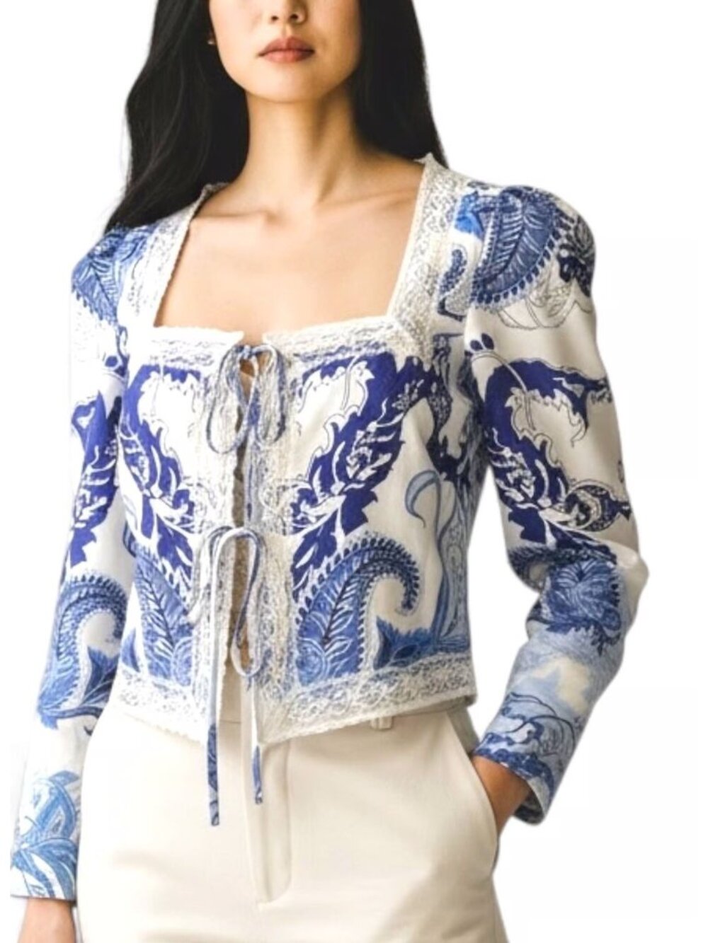 Gianni Bini Blue and White Lace Tie Closure Long Sleeve Blouse Jacket Size Small